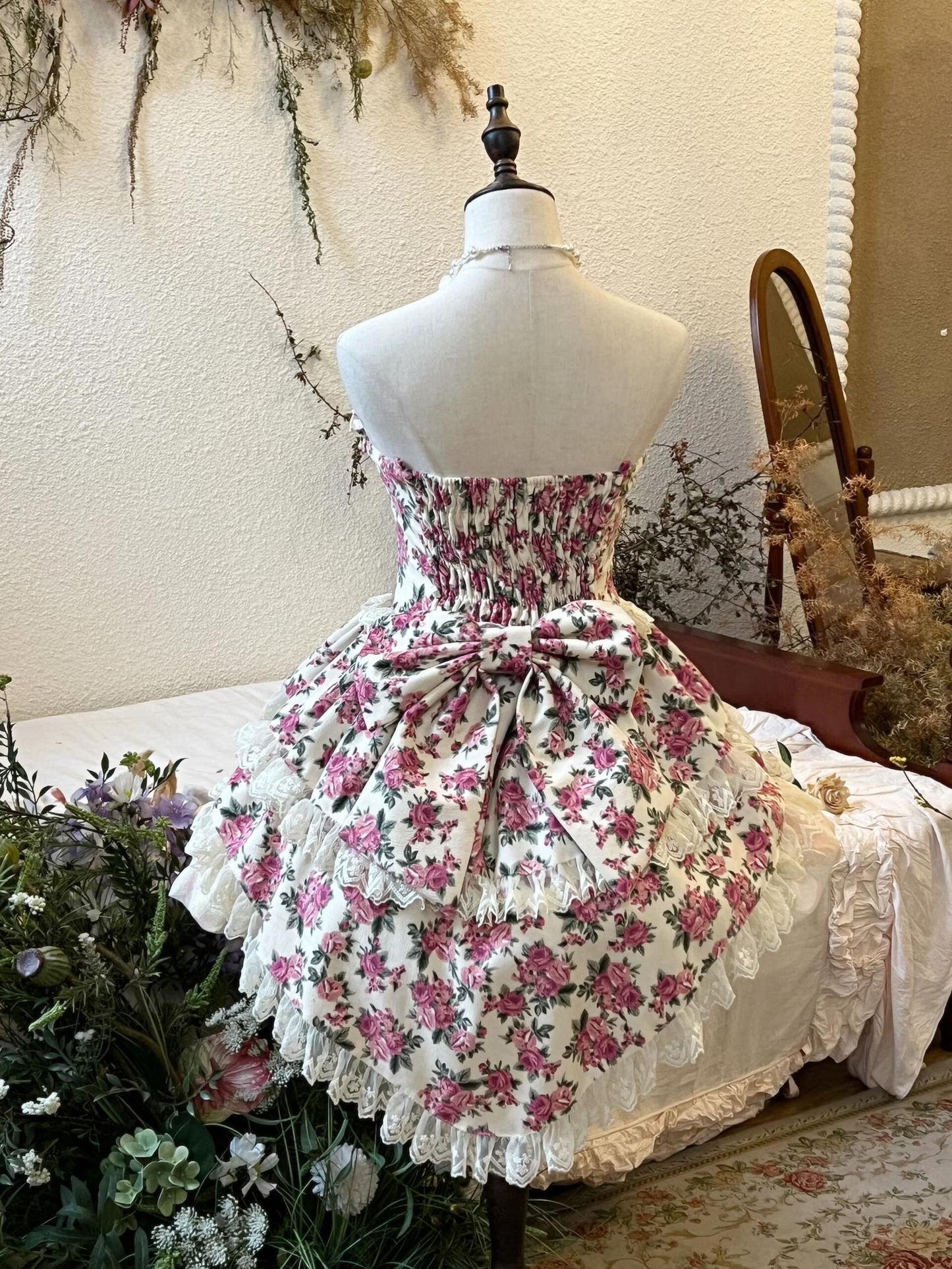 Pink and Red Floral Marie Antoinette Style Short Dress