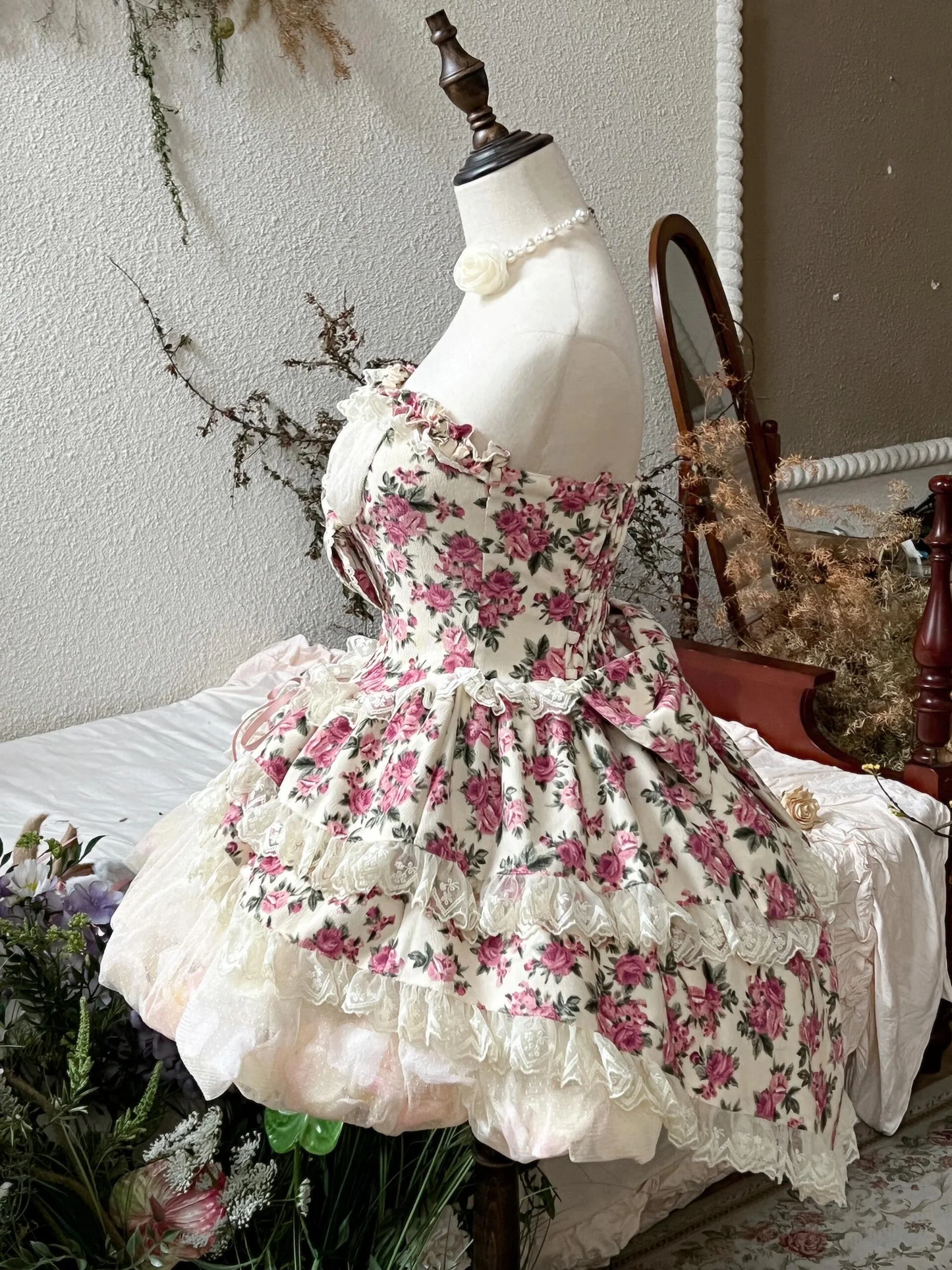 Pink and Red Floral Marie Antoinette Style Short Dress