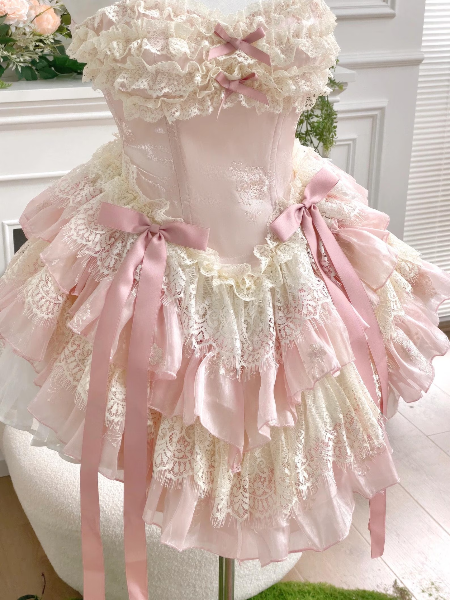 Pink Lace Marie Antoinette Style Short Dress