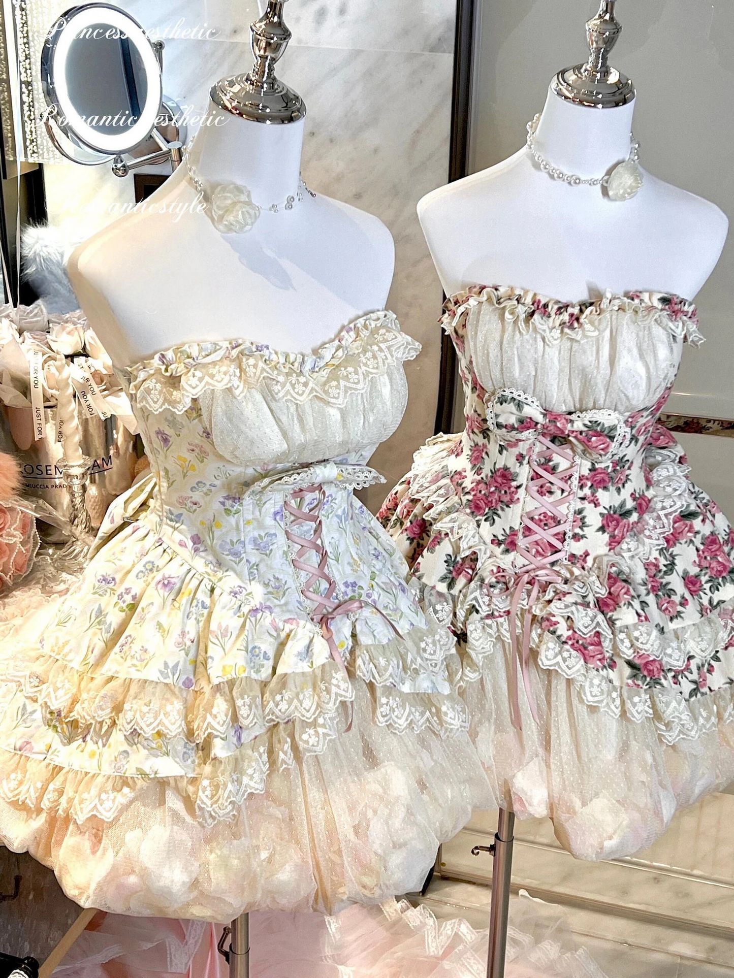 Pink and Red Floral Marie Antoinette Style Short Dress