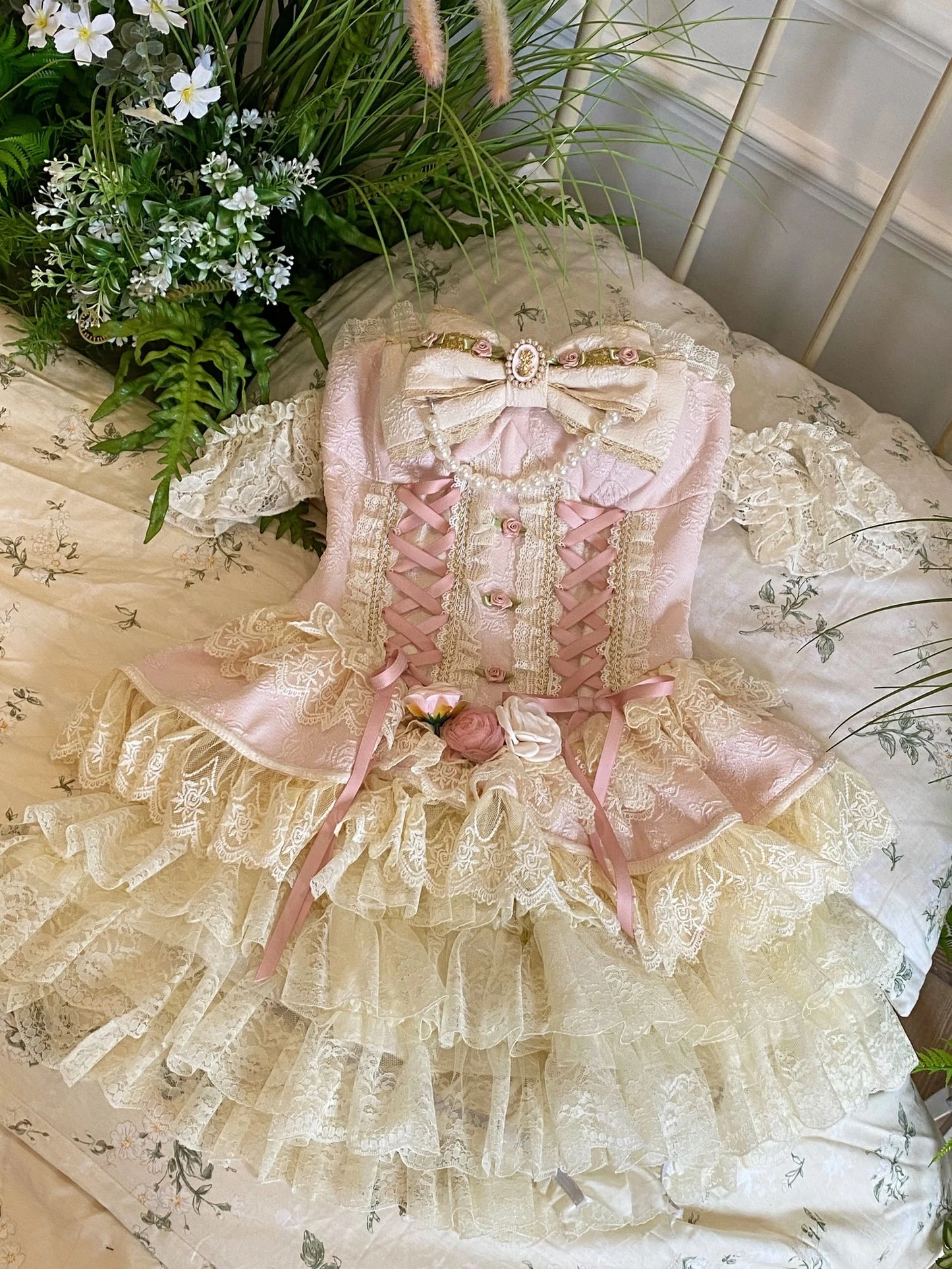 Rose Sweet Tea Lace Marie Antoinette Style Short Dress Set