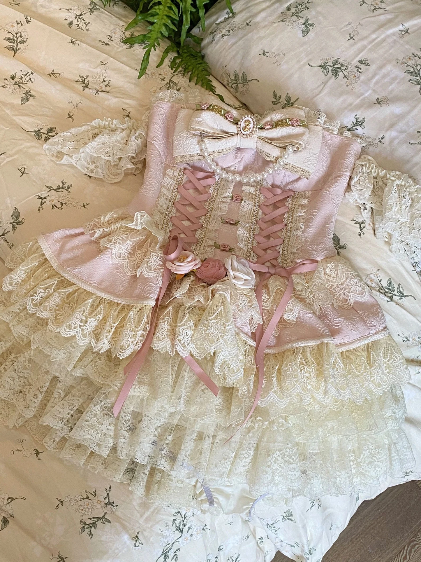 Rose Sweet Tea Lace Marie Antoinette Style Short Dress Set