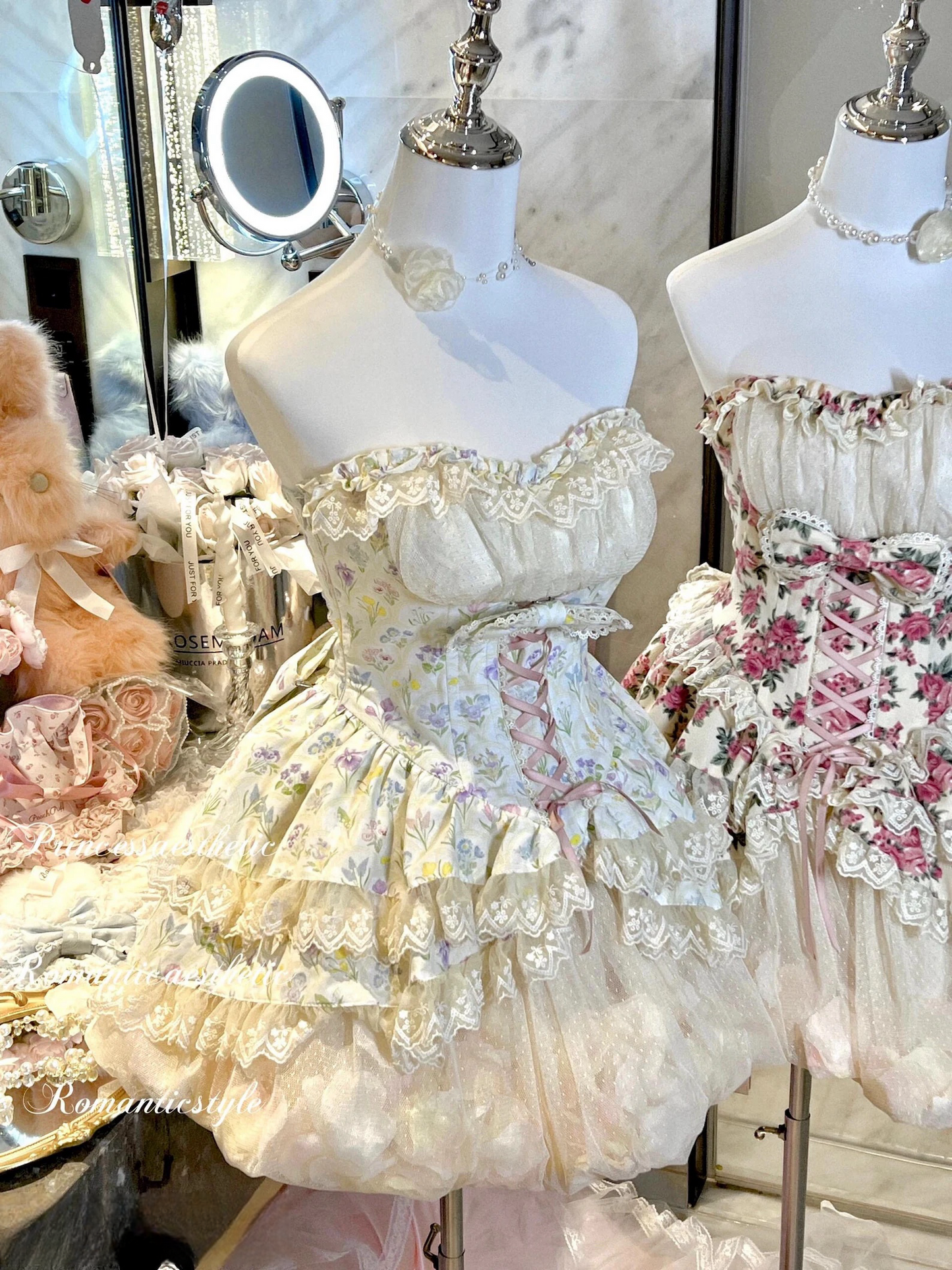 Pink and Red Floral Marie Antoinette Style Short Dress