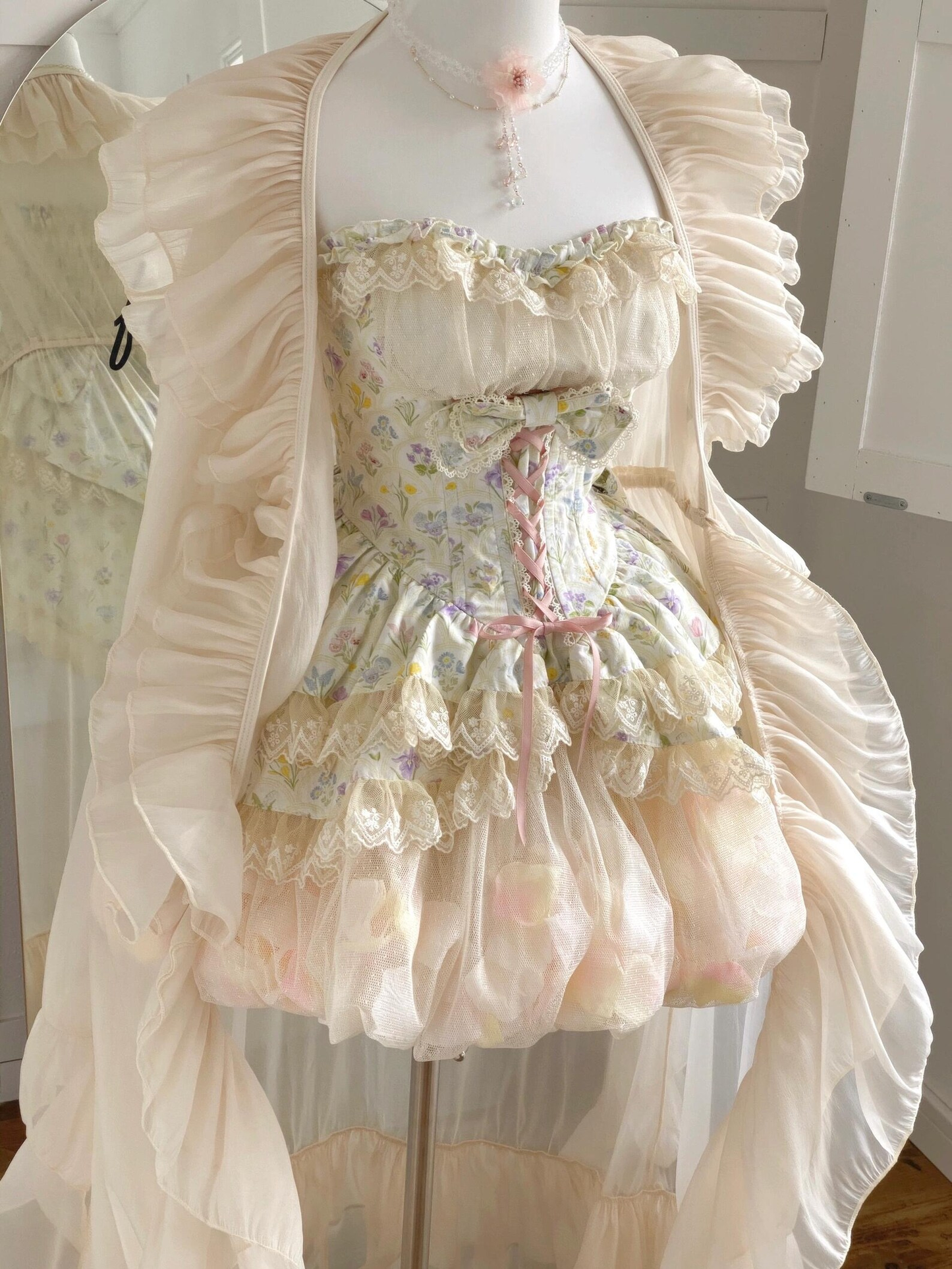 Pink and Red Floral Marie Antoinette Style Short Dress