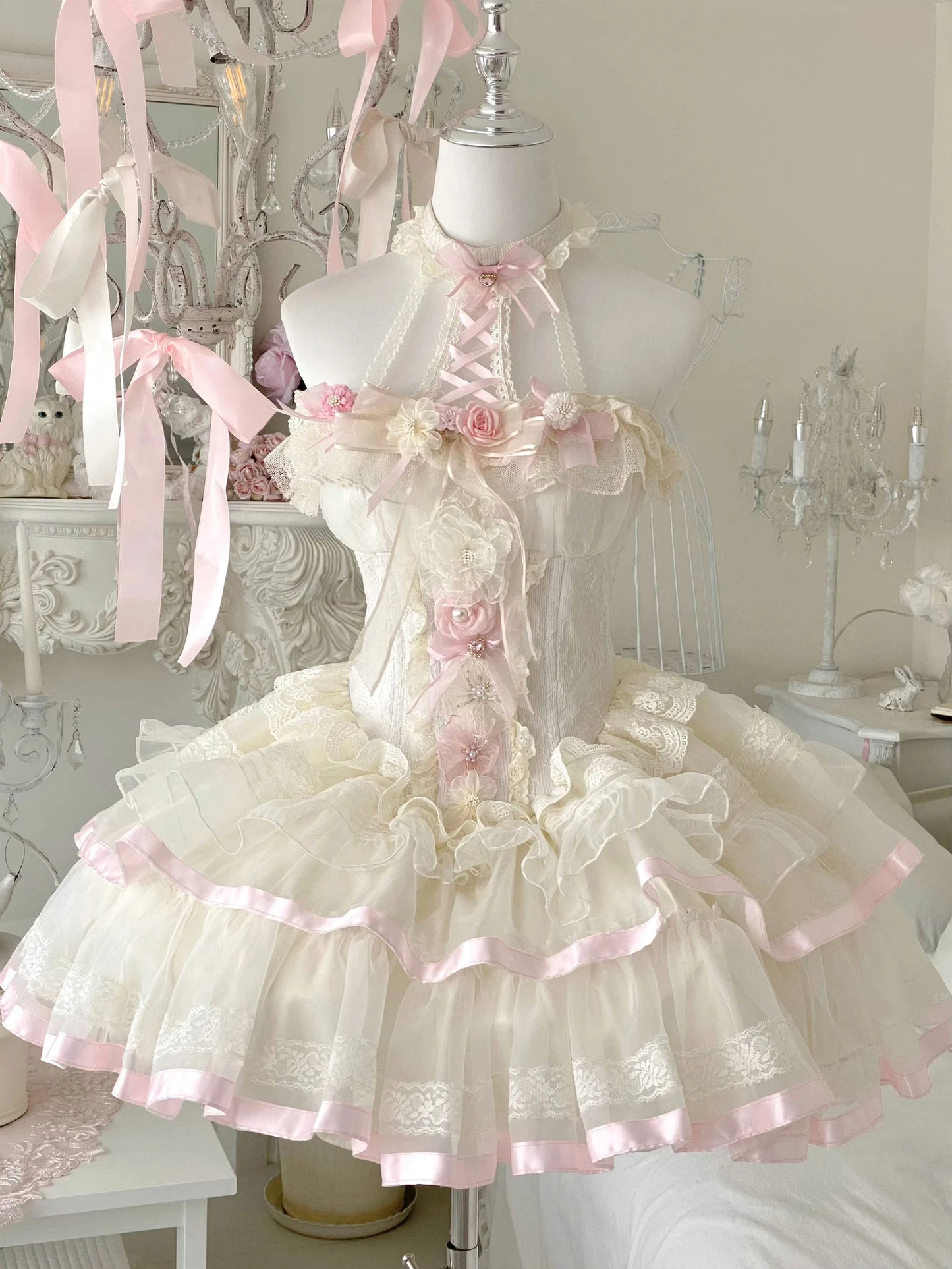 Blooming Flowers Lace Marie Antoinette Style Short Dress