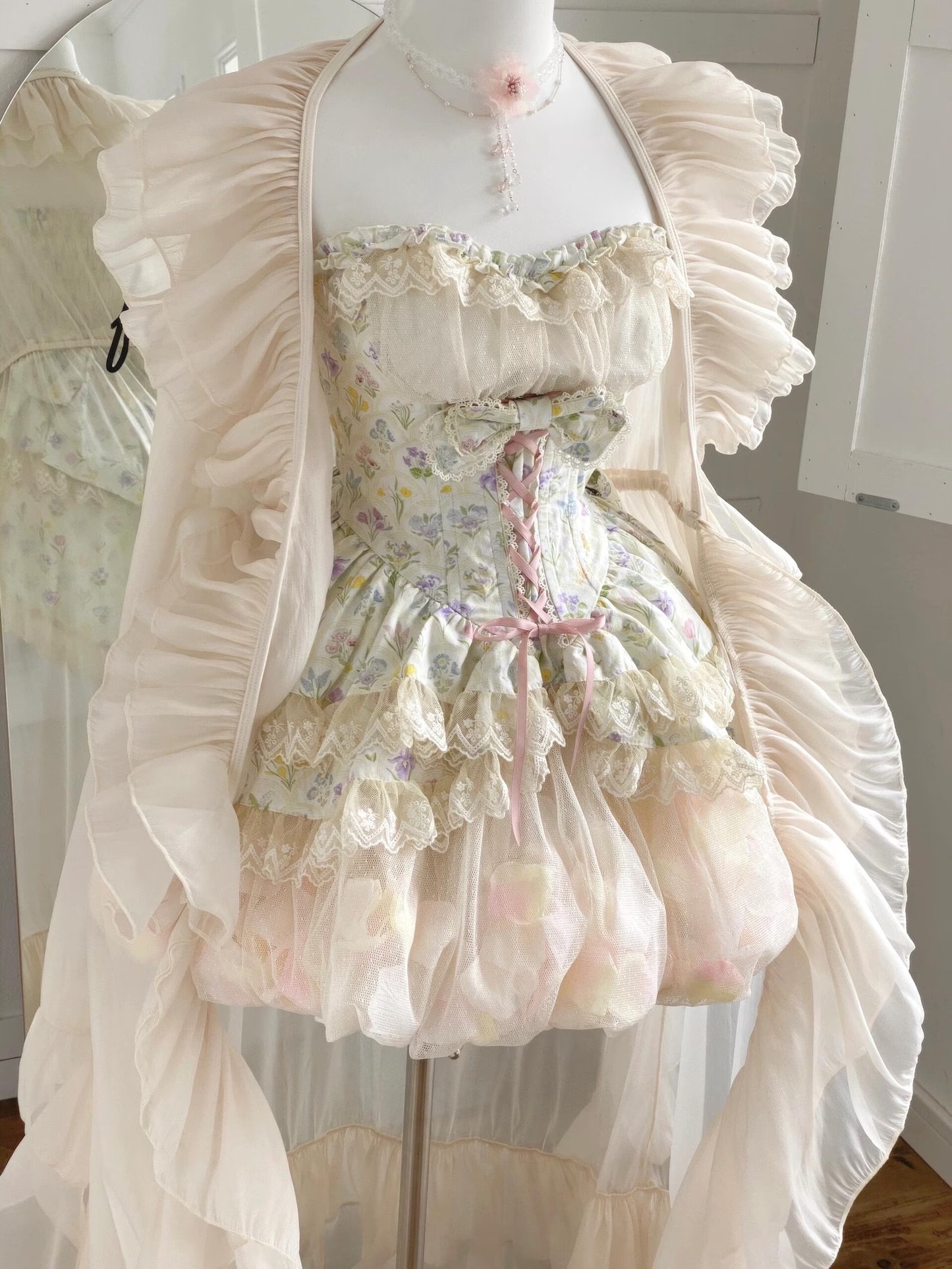 Pink and Red Floral Marie Antoinette Style Short Dress