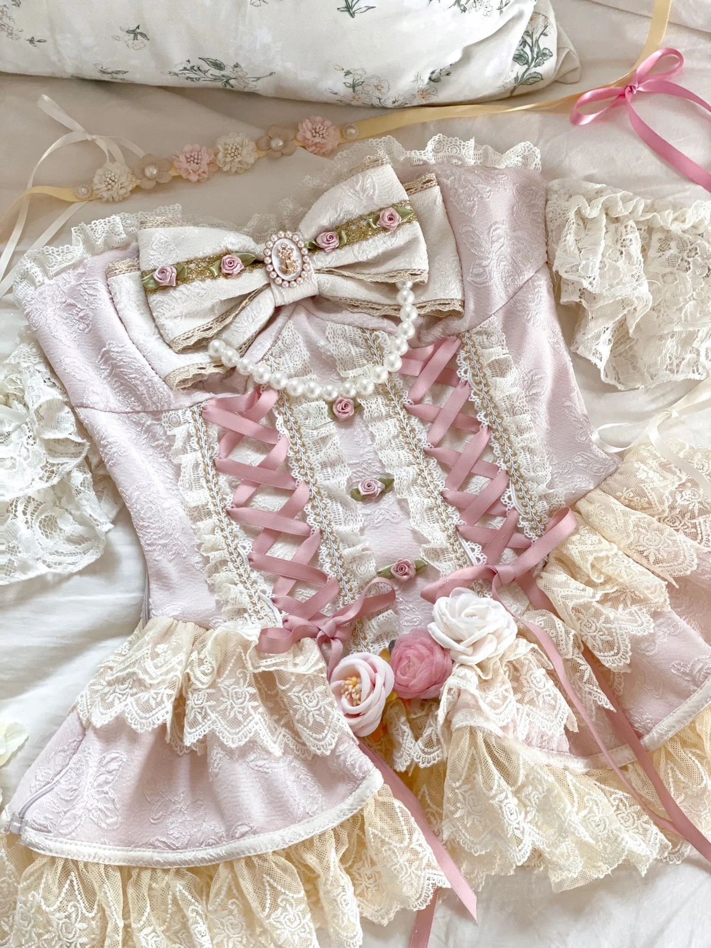 Rose Sweet Tea Lace Marie Antoinette Style Short Dress Set