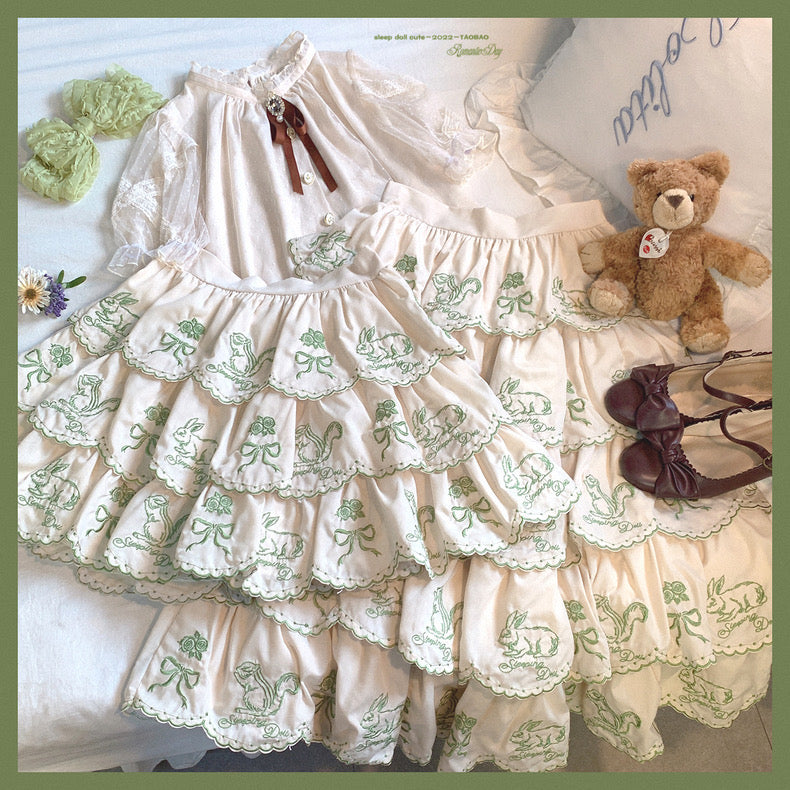 ♡ Forest Song Embroidered Cotton Layered Skirt ♡