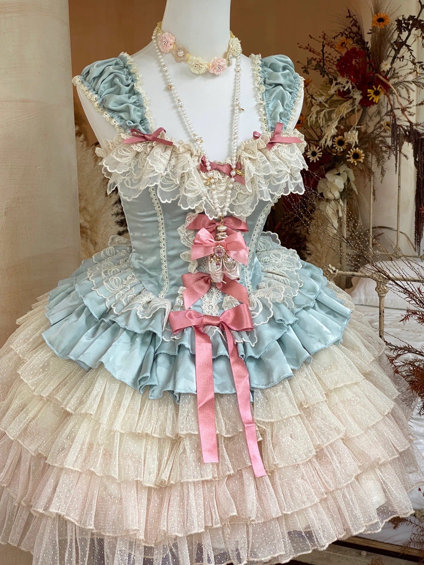 Blue Lace Marie Antoinette Style Short Dress