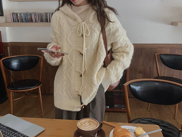 ♡ Horn Button Twisted Hooded Sweater ♡