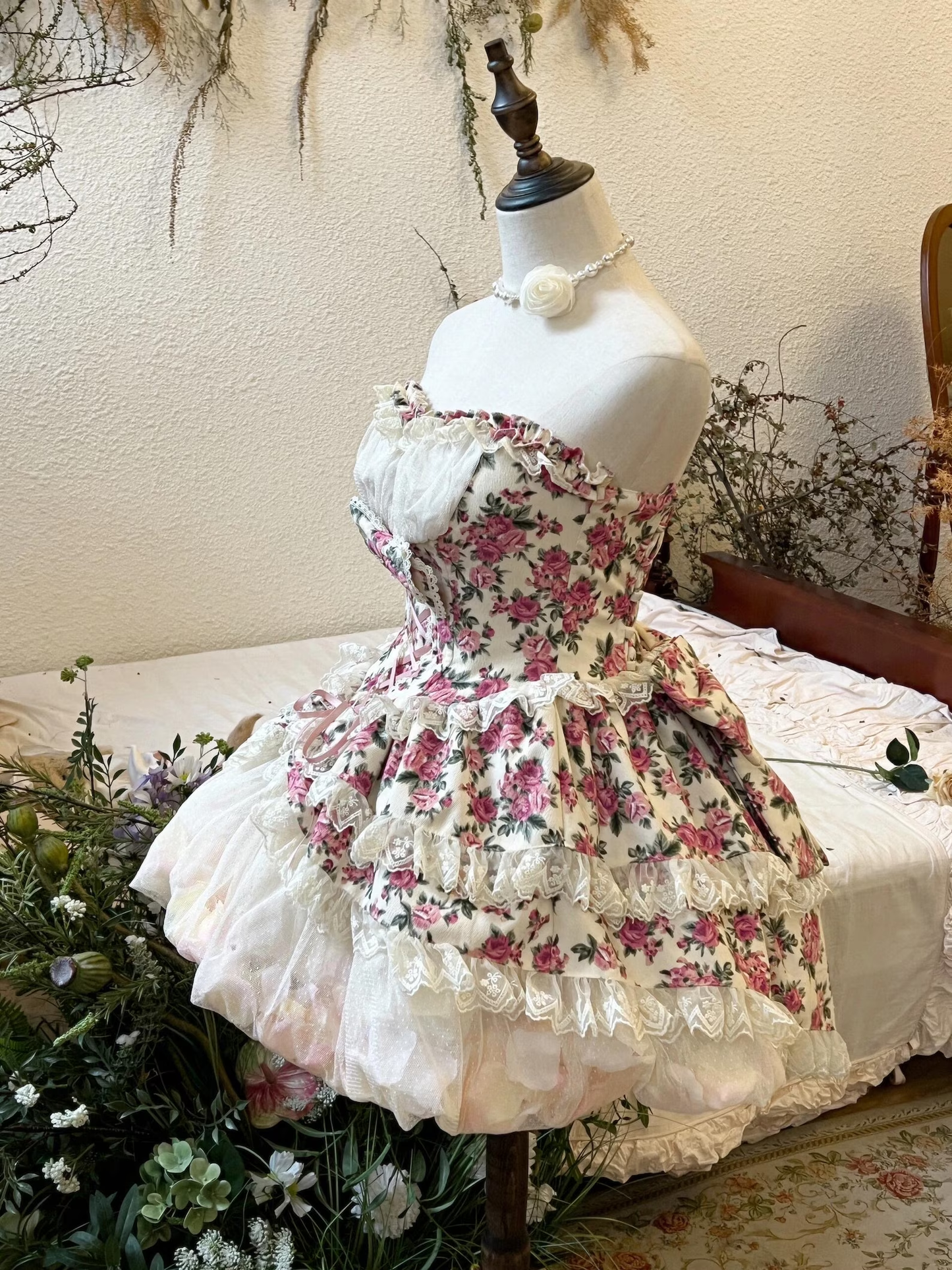 Pink and Red Floral Marie Antoinette Style Short Dress