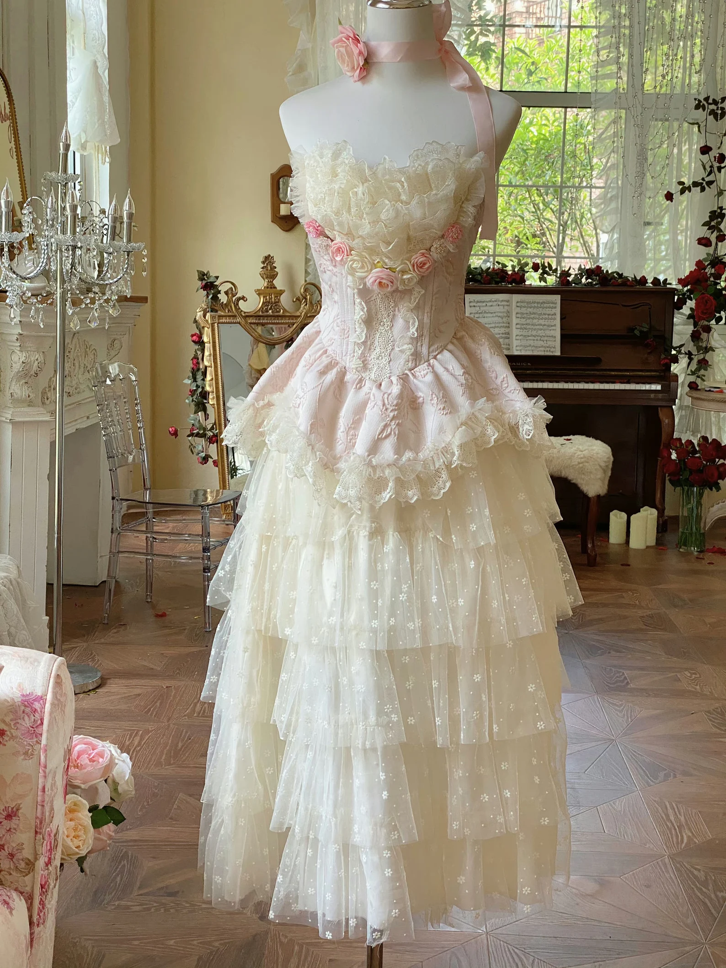 Blooming Flowers Lace Marie Antoinette Style Short Dress