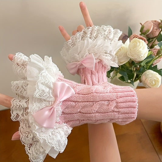 Multilayer Lace Twist Knit Gloves
