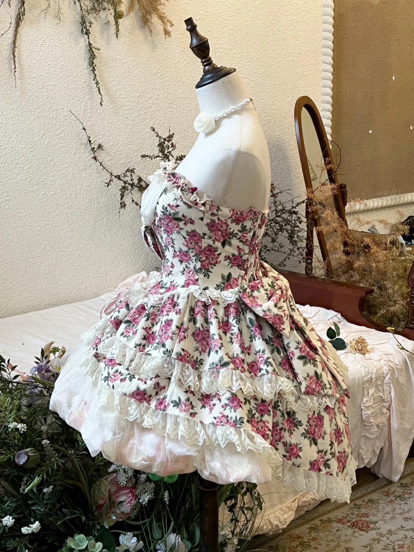 Pink and Red Floral Marie Antoinette Style Short Dress