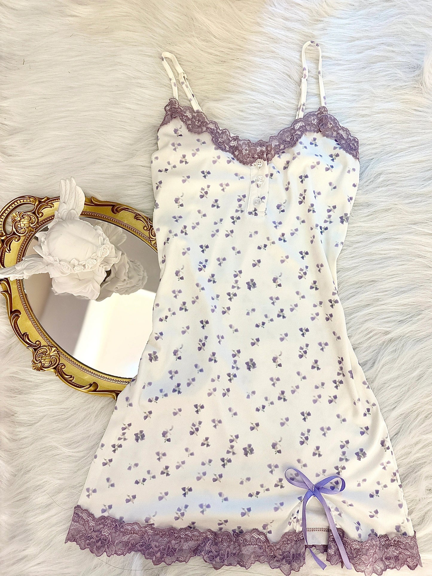 Floral Lace Trimmed Purple Camisole Nightgown