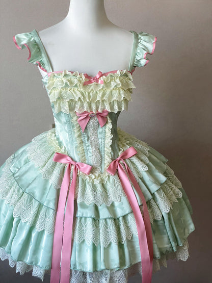 Sweet Mint Strawberry Candy Bow Ballet Rococo Dress