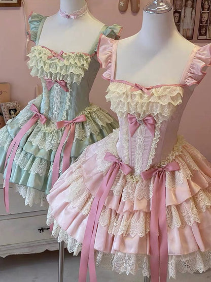 Sweet Mint Strawberry Candy Bow Ballet Rococo Dress