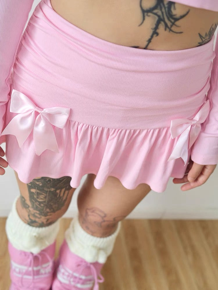 ♡ Pink Bow Balletcore Pleated Mini Skirt ♡