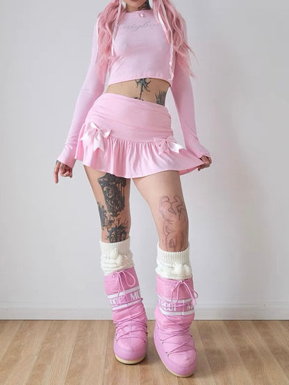 ♡ Pink Bow Balletcore Pleated Mini Skirt ♡