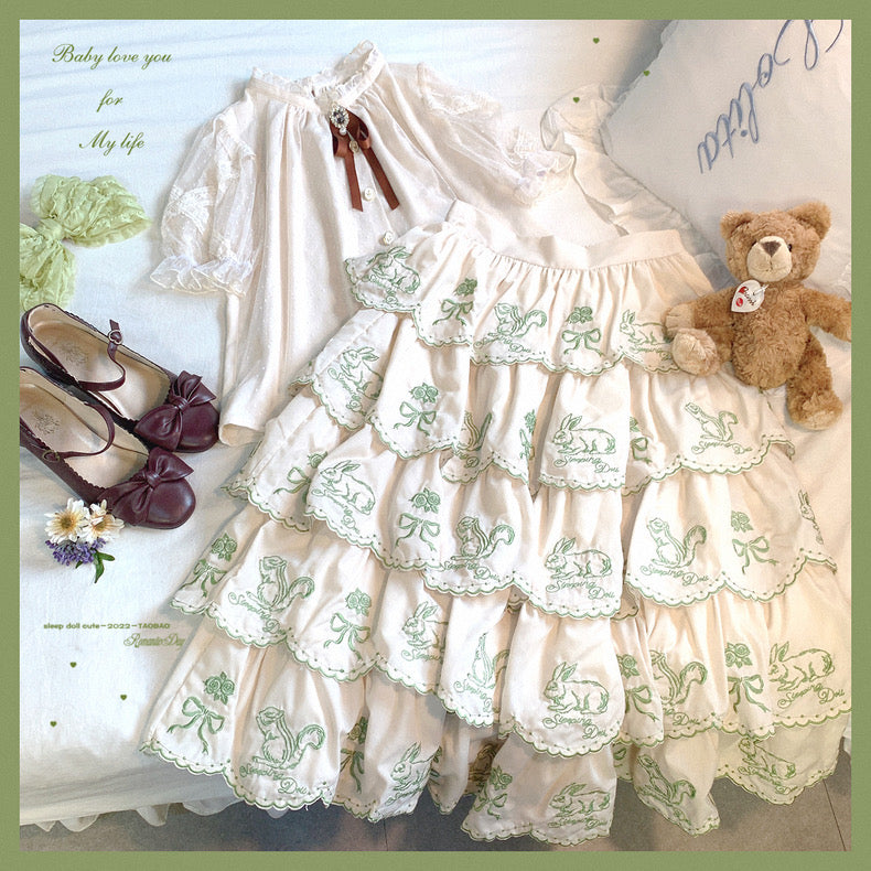 ♡ Forest Song Embroidered Cotton Layered Skirt ♡