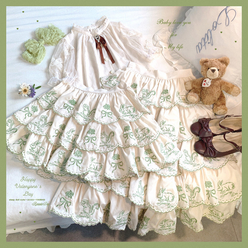 ♡ Forest Song Embroidered Cotton Layered Skirt ♡