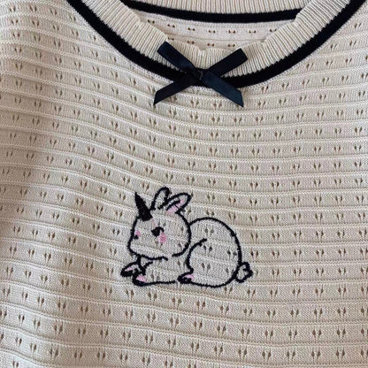 Bunny Embroidered Knit Bow Top