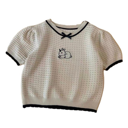 Bunny Embroidered Knit Bow Top