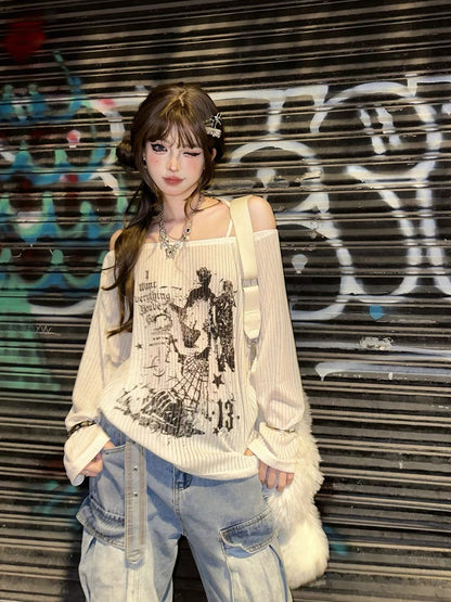 Tokyo Love Print One Shoulder Loose Long Sleeve T-Shirt