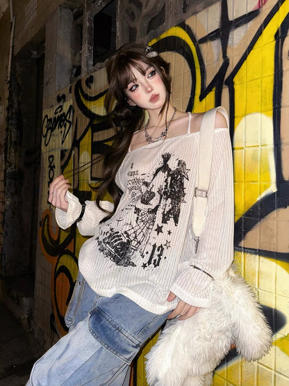 Tokyo Love Print One Shoulder Loose Long Sleeve T-Shirt