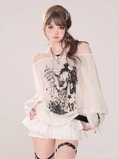 Tokyo Love Print One Shoulder Loose Long Sleeve T-Shirt