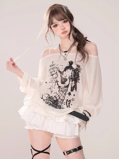 Tokyo Love Print One Shoulder Loose Long Sleeve T-Shirt