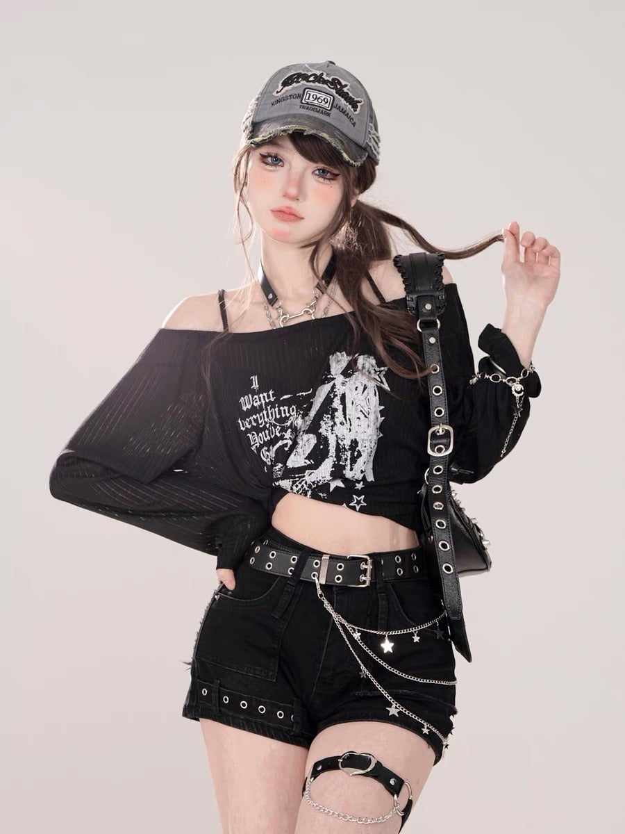 Tokyo Love Print One Shoulder Loose Long Sleeve T-Shirt