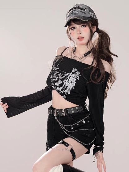 Tokyo Love Print One Shoulder Loose Long Sleeve T-Shirt