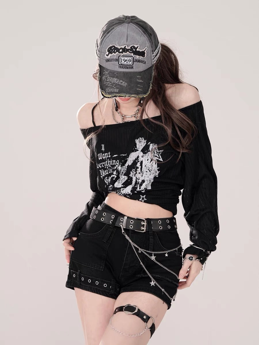 Tokyo Love Print One Shoulder Loose Long Sleeve T-Shirt