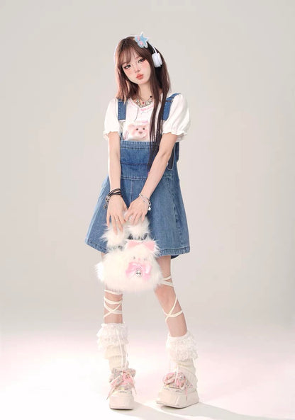 Denim Overalls Shorts with Bunny Ears