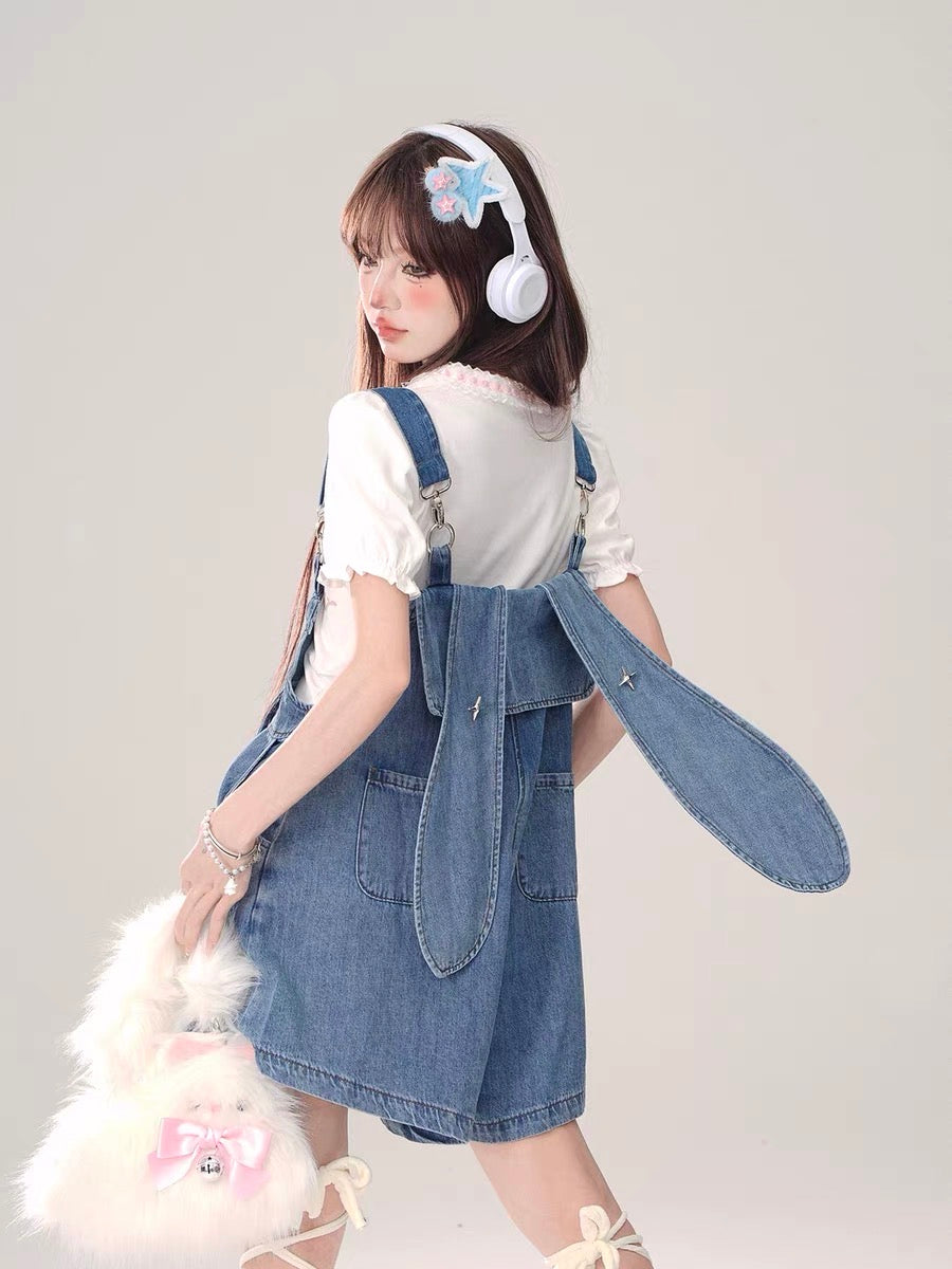 Denim Overalls Shorts with Bunny Ears