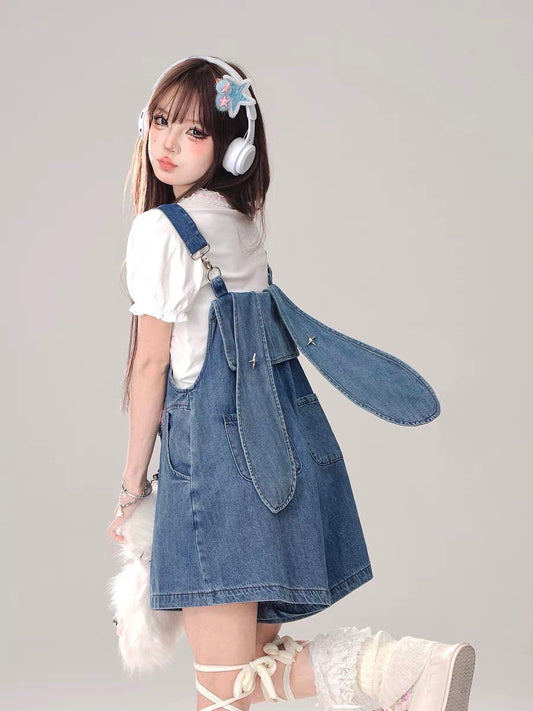 Denim Overalls Shorts with Bunny Ears