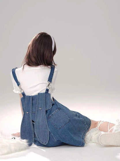 Denim Overalls Shorts with Bunny Ears