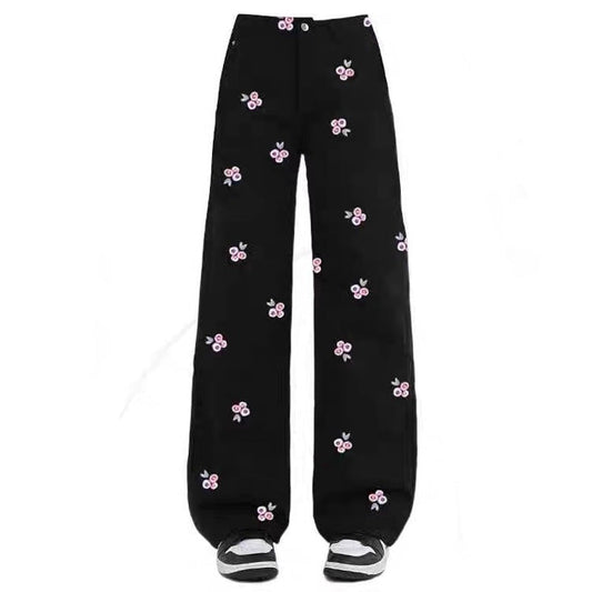 Pink Rose Embroidery Wide Leg Pants