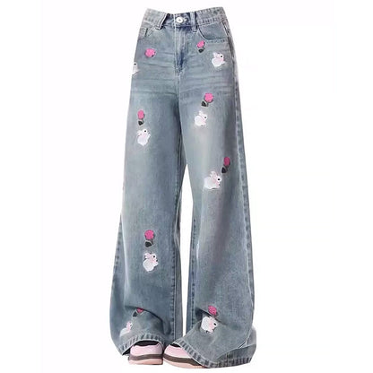Rose and Bunny Embroidery Jeans